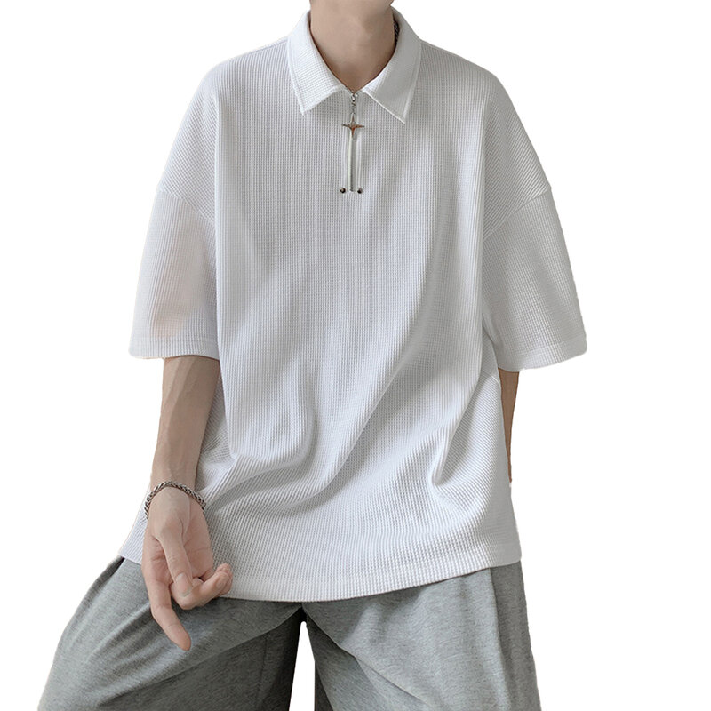 Camiseta confortável masculina de manga curta, top masculino, streetwear dançante diário, com zíper básico respirável, estilo preguiçoso, moda verão