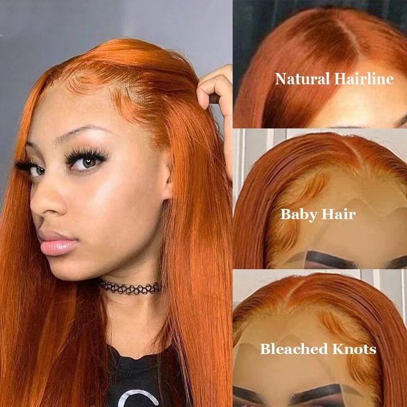 Frontal Lace Wig Orange Full Head Set Fashion Natural Realistic Female Human Hair Long Straight Hair Highlight Wig