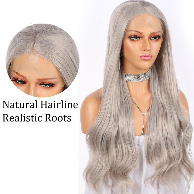 Perruque Lace Front Wig synthétique sans colle, résistante à la chaleur, couleur grise cendrée, perruque Cosplay pour femmes