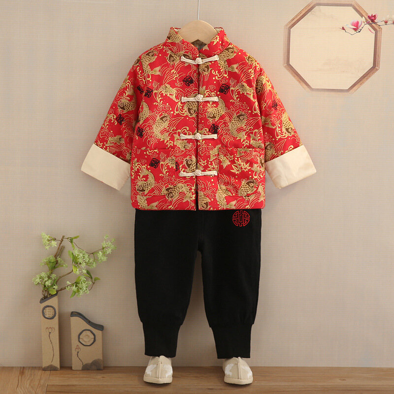 Ano novo tang terno tradicional chinês roupas para crianças bebê hanfu 2 pçs conjuntos de algodão manga longa bordado inverno menino menina presente