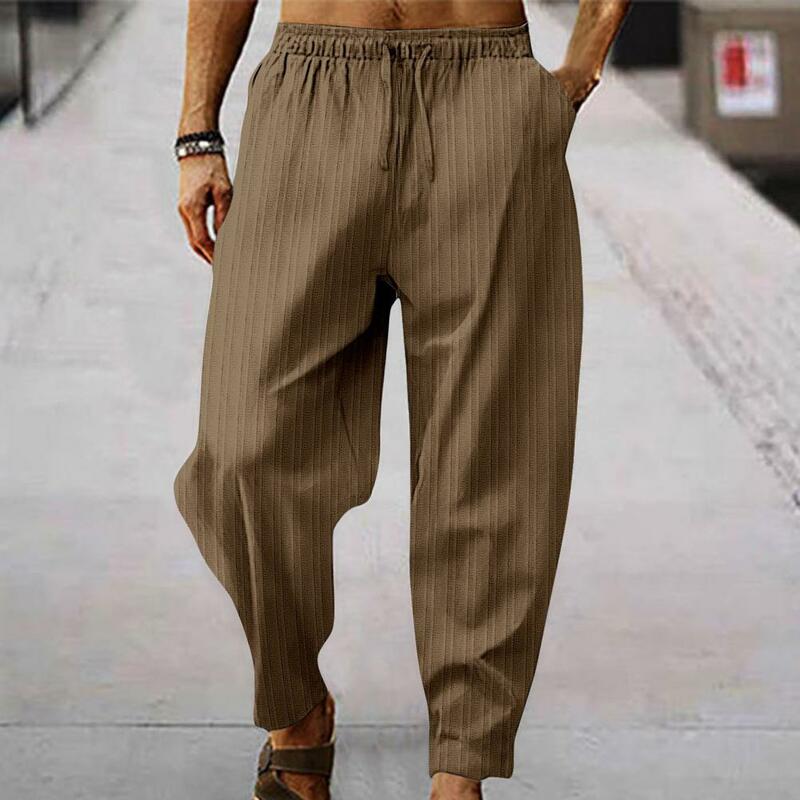 Mid Waist Trousers Men's Wide Leg Striped Sweatpants with Elastic Waist Deep Crotch for Sports Soft Breathable Loose Fit