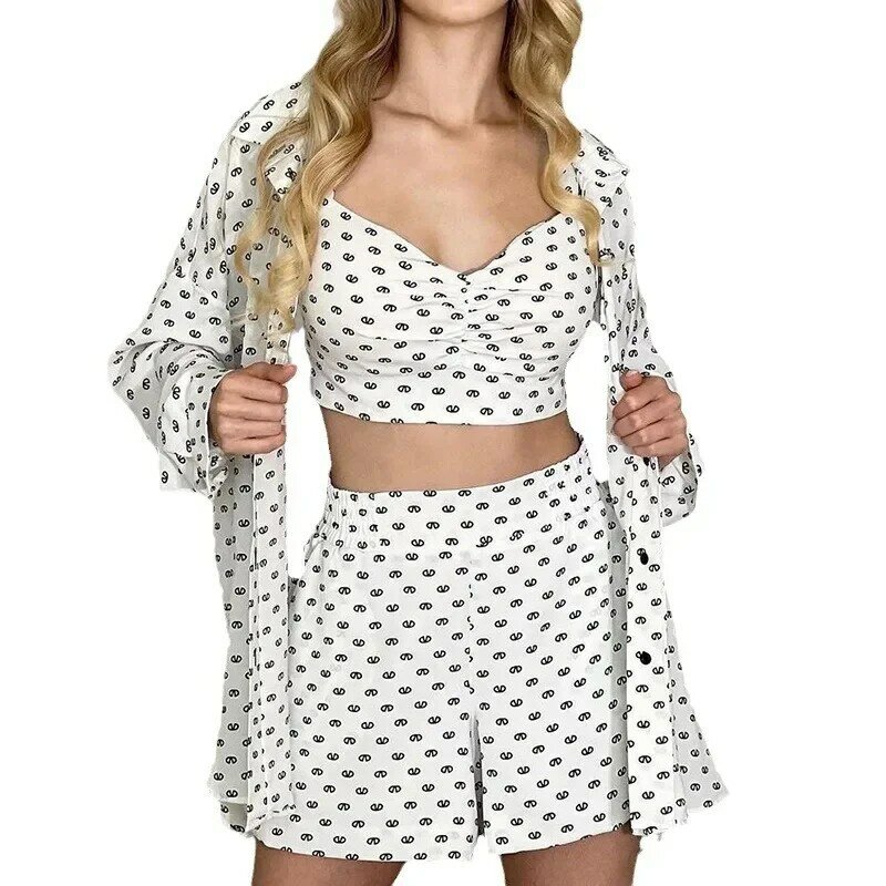New Arrived Fashion Women's Pajamas Print Soft Women Underwear Dress Sex Long Sleeved Sleepwear Sleeping Pants Three Piece Set