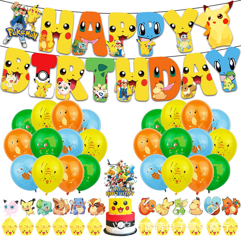 Decoraciones de fiesta de cumpleaños de Pokémon, globos de papel de aluminio de Pikachu, vajilla desechable, plato, servilleta, telón de fondo para niños, suministros de fiesta para niños