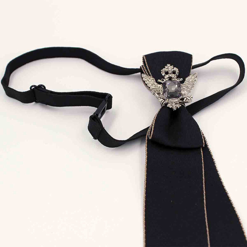 Punk Black Necktie Gothic Metal Chain Crystal Pendant Jewelry Bowtie Evening Adjustable Pre-Tied JK Shirt Decoration Bow Tie