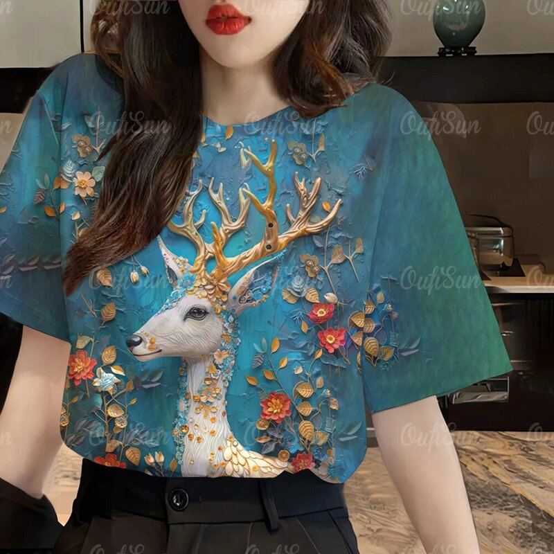 Kaus wanita musim panas 3D motif hewan, pakaian atasan longgar leher bulat lengan pendek baru 2024