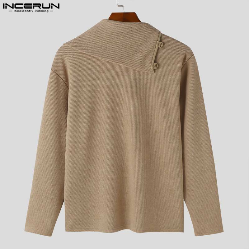 INCERUN Men's Sweaters Solid Knitted Lapel Long Sleeve Button Casual Male Pullovers Streetwear 2024 Spring Fashion Men Clothing