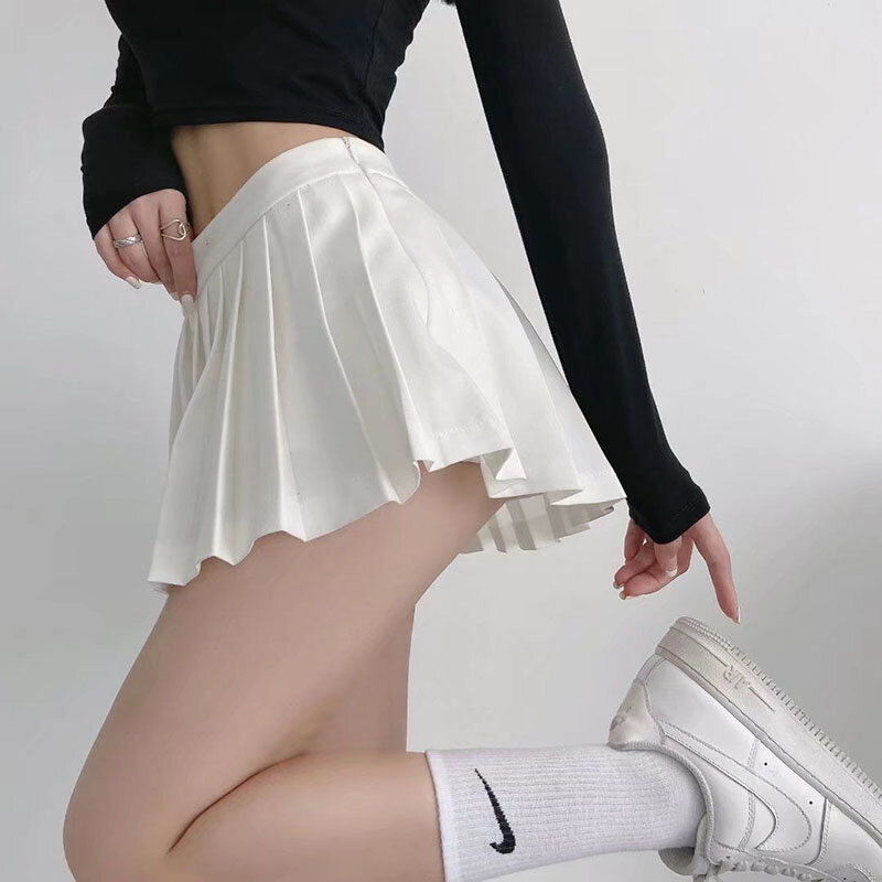 Zoki กระโปรงพลีทเอวสูงเซ็กซี่สำหรับผู้หญิง, กระโปรงเต้นรำเอวสูงสไตล์วินเทจกระโปรงมินิสเกิร์ตนักเรียนเทนนิสเกาหลีกระโปรงเต้นรำสีขาว