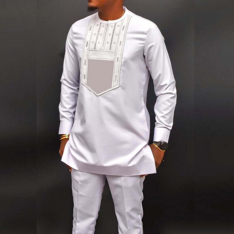 Camisa e calça de luxo masculina, monocromática, mangas compridas, estilo étnico africano, gola redonda, festiva, conjunto de terno, 2, M-4XL, 2024