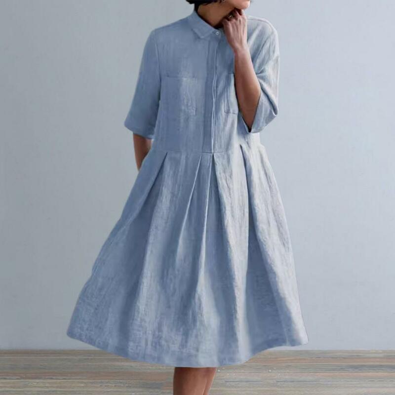 Casual Long Dress Stylish Women's Doll Collar A-line Midi Dress with Pleated Design Chest Pockets for Summer Dating Commuting