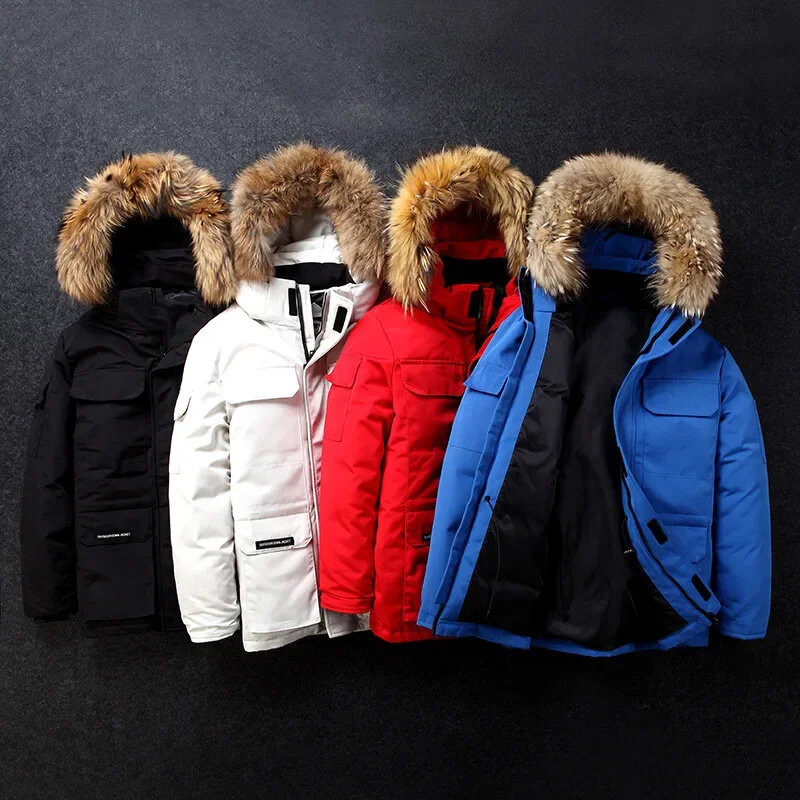 Men Winter White Duck Down Jacket Fur Collar Zipper Warmth Coat Windproof Hooded Pockets Thick Outerwear Mens