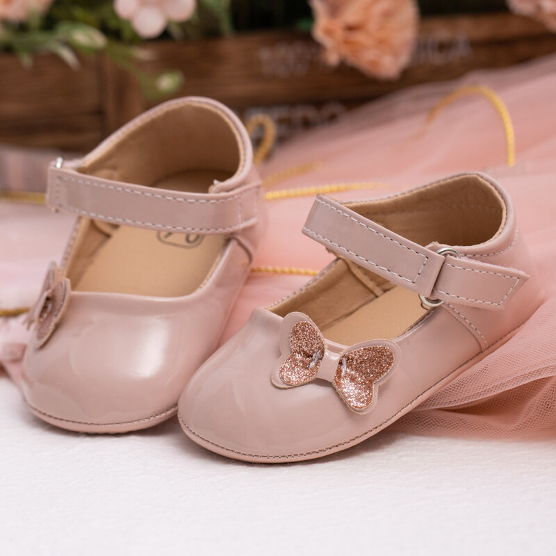 KIDSUN 유아 및 여아용 미끄럼 방지 고무 밑창 신발, 첫 번째 보행기 신발, 리본 장식, 공주 PU, 신생아, 0-18 개월