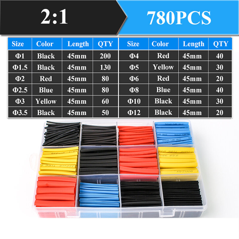 780pcs Heat Shrink Tubing Insulation Shrinkable Tubes Polyolefin Wire Cable Sleeve Kit Assortment Electronic Heat Shrink Tubes