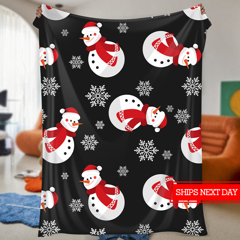Couverture en flanelle de Noël super peluche, douce, chaude, confortable, feutre de laine imprimé de vacances, bonhomme de neige du Père Noël