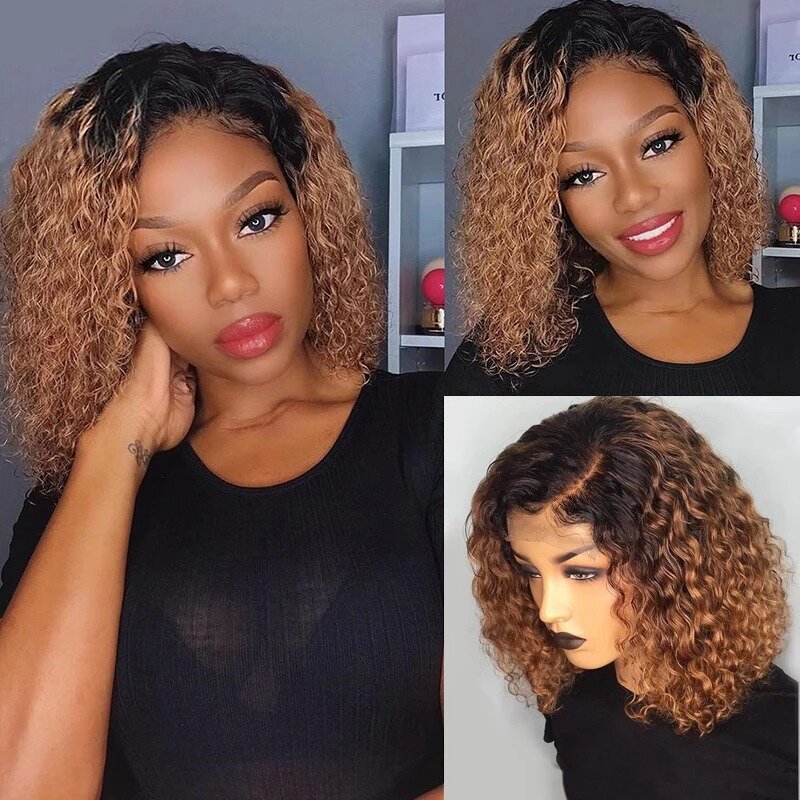 1B30 Brown Color Water Wave Short bob Cut Wig Jerry Curly Brazilian Human Hair 13x4 Lace Frontal Closure Wigs For Black Women