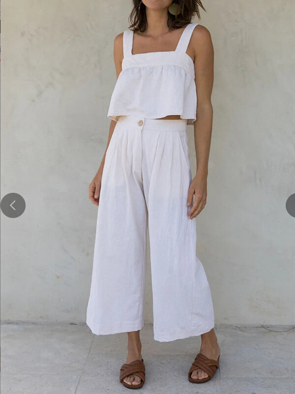 Cotton and Linen Vest Womens Set Summer New Square Neck Strap Backless Niche Design Short Suspender Set for Women