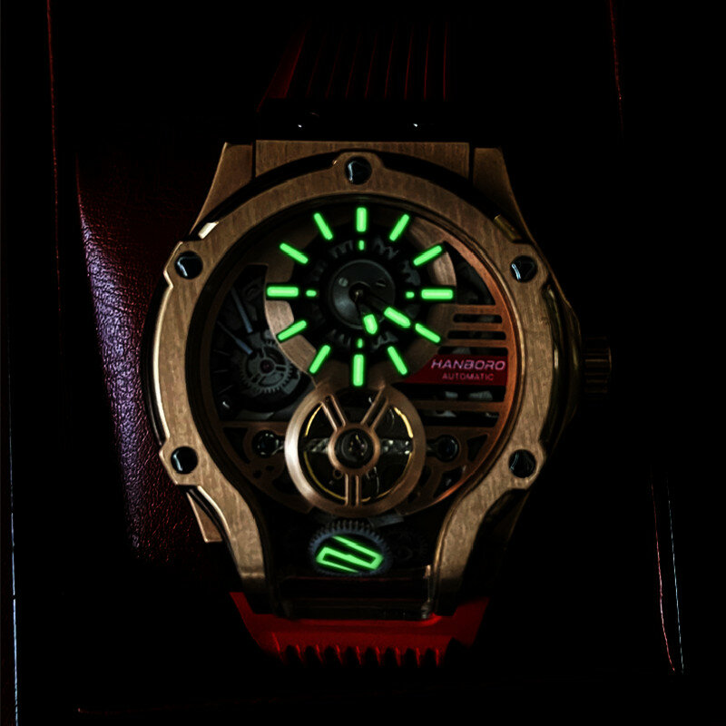 HANBORO Car Design Mechanic Watch Luxury Men Watches Mechanical Wristwatches Earth Skeleton Flywheel Watch Orologio Uomo