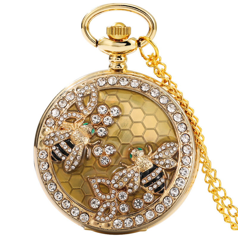 Montre de poche en forme d'abeille avec strass pour femmes, collier de luxe décoré de chiffres arabes, Quartz, pendentif élégant, doré, cadeaux pour dames