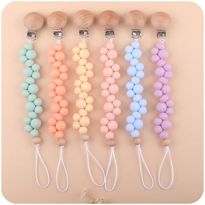 Baby Pacifier Chain Clip Nursing Soother Holder Silicone Beads Teether Wood Clip
