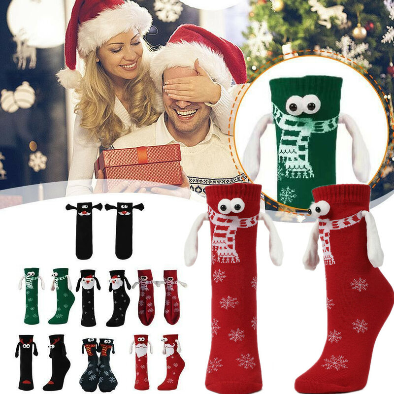 Christmas Magnetic Suction Hand in Hand Socks Black White Girl Harajuku Cute Couple Cotton Sock Unisex Holding Hands Long Socks