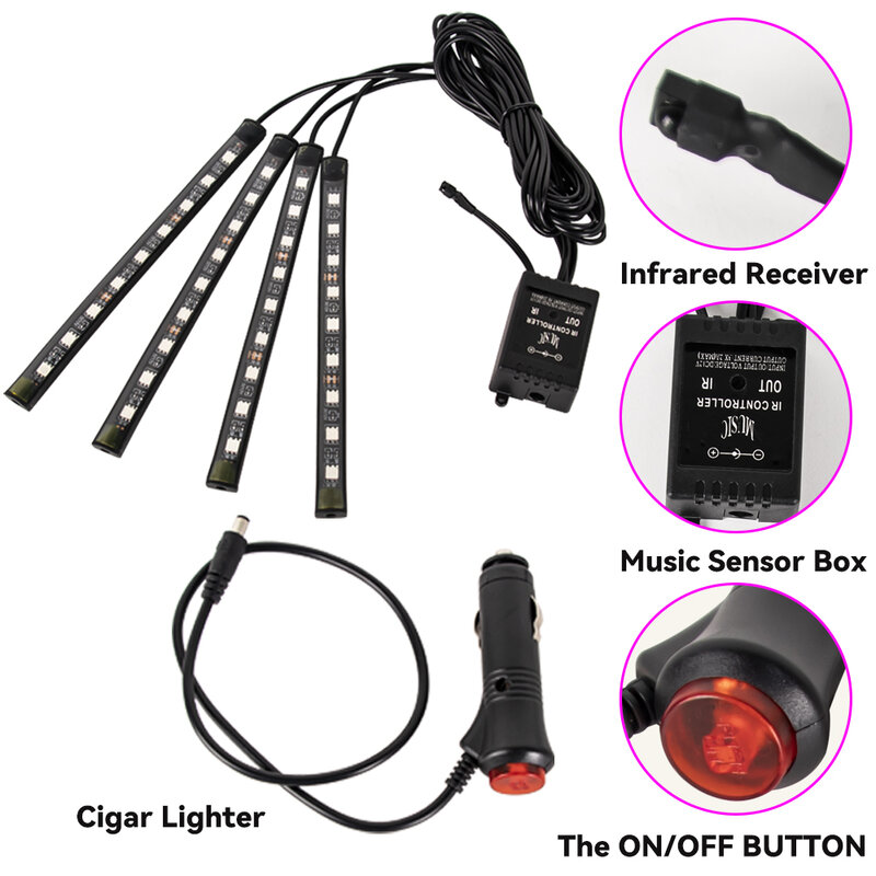 Luz LED de neón para Interior de coche, Lámpara decorativa de ambiente con aplicación de música remota inalámbrica USB, Control Automático RGB, 48 y 72 LED