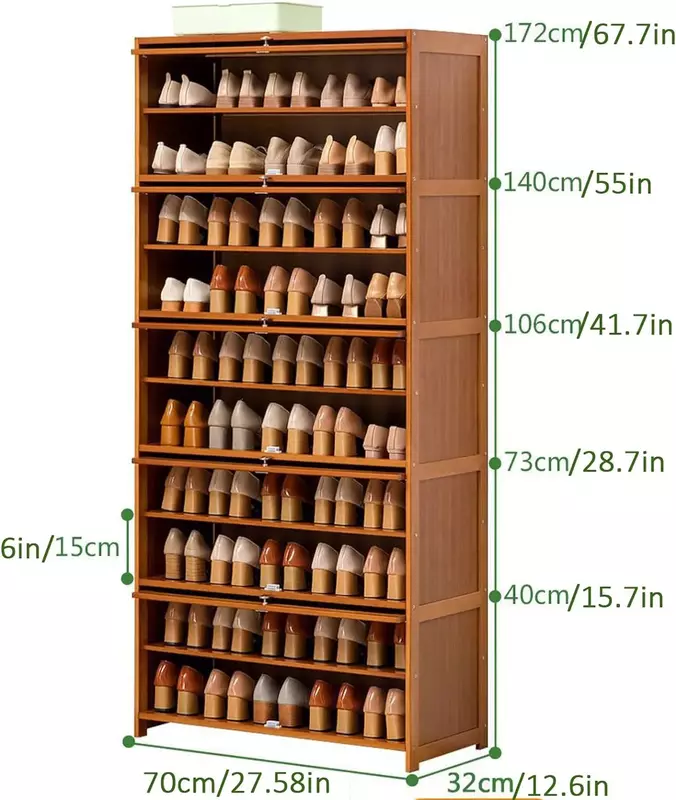 10 Tier Tall Bamboo Shoe Storage Cabinet, Free Standing Shoe Shelf Storage Rack with Flip Doors,Shoes Heels Storage