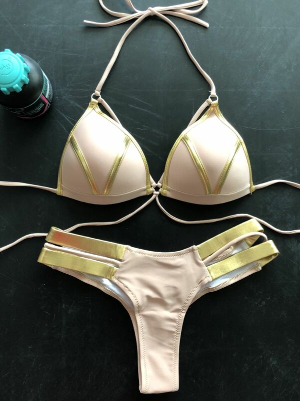 2023 Set Bikini wanita cap emas pakaian renang wanita Padded seksi pakaian renang Bikini Push Up pakaian pantai Brasil pakaian mandi