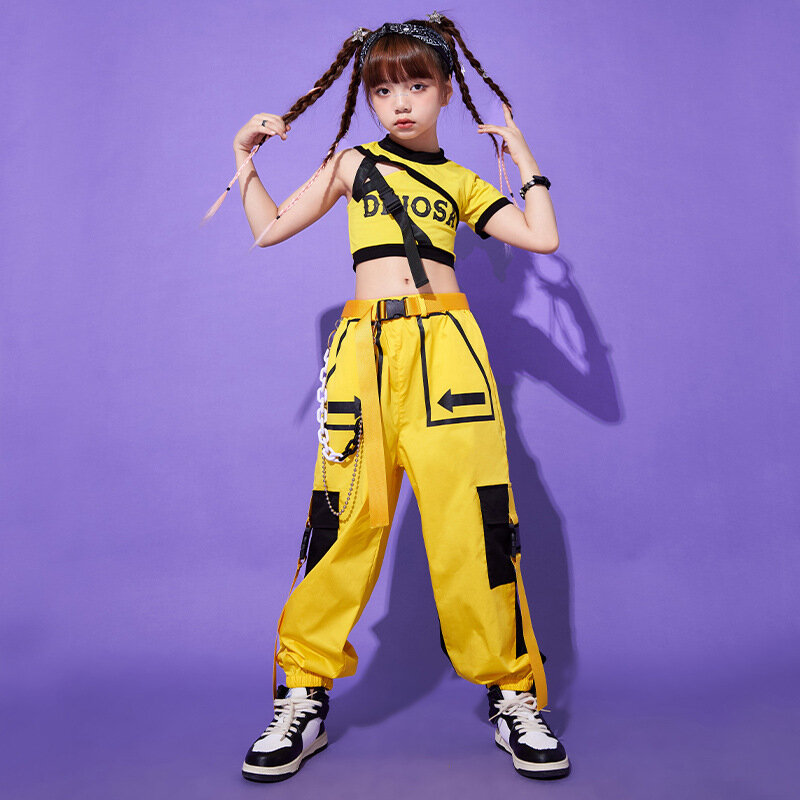Kid Kpop Hip Hop Black Yellow One Shoulder Crop Top T Shirt Straps Casual Cargo Jogger Pants for Girl Jazz Dance Costume Clothes