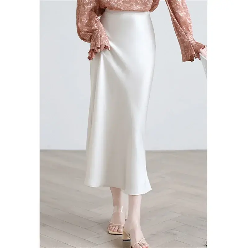 Rok Satin putih Midi Satin 2024 kantor wanita gaun acara Formal gaun Maxi putri duyung sutra pesta Prom kualitas tinggi