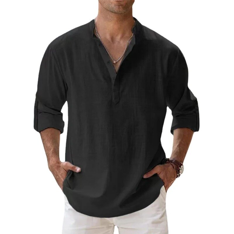 2024 baru kemeja katun Linen untuk pria kemeja kasual ringan lengan panjang Henley kemeja pantai Hawaii kaus untuk pria