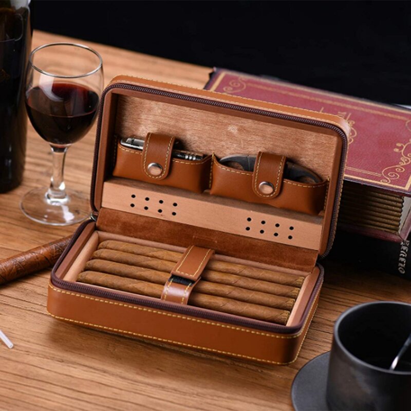 Cigar Storage Cigar Humidors Cigar Humidor Case Portable Cedar Wood Leather Travel Humidor Humidifier Set Gift Box
