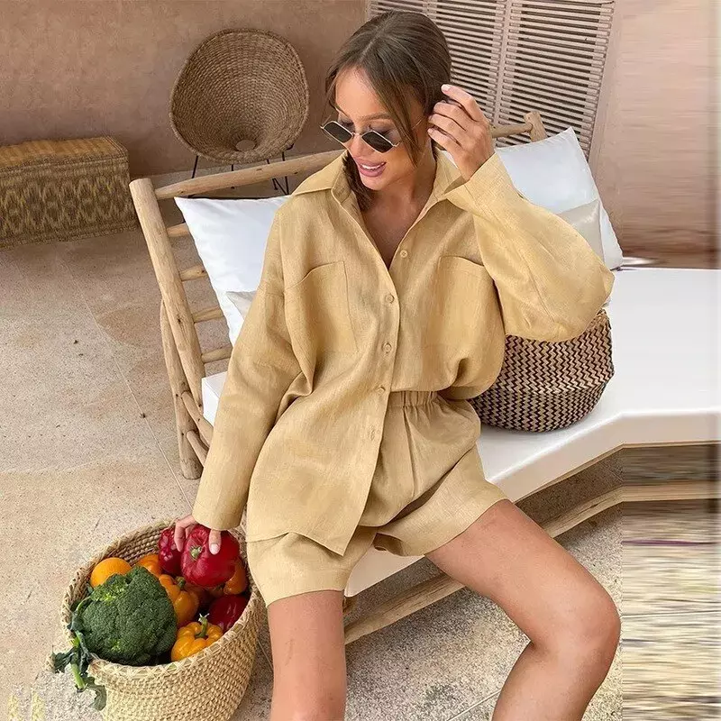 Casual Womens Set New French Fashion  Cotton Imitation Linen Loose Shirt Jacket Elastic Shorts 2 Piece Sets Womens Outfits