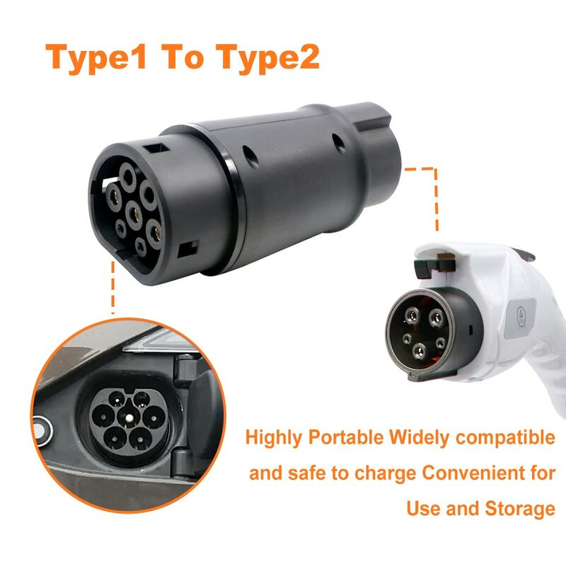 16A/32A EV Charger Adapter Socket Type1 J1772 to Type2 IEC 62196 EVSE Electric Vehicle Charging Converter Connector Plug