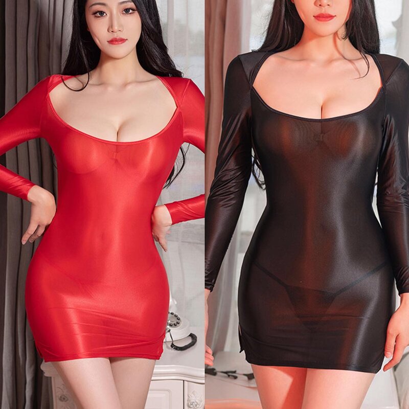 Women Sexy Oily Shiny Nightdress Long Sleeve Bodycon Dress Backless Lingerie Stretchy Sheer Thin Underwear Solid Erotic Wear