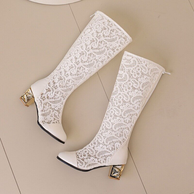 Vintage Hollow Embroider Mesh Surface Knee Length Women's Boot  5.5cm Thick Heel Fashion Women's Boot 34-47 Summer Cool Boots
