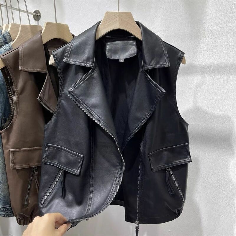 2023 autunno nuove giacche gilet in pelle PU per le donne moda risvolto senza maniche allentato Casual giacca nera gilet donna