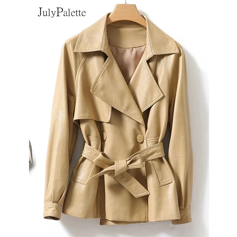 Julypalette-chaquetas cortas de piel de oveja auténtica para mujer, abrigos de manga larga con solapa y cordones, prendas de vestir de otoño e invierno, 2022