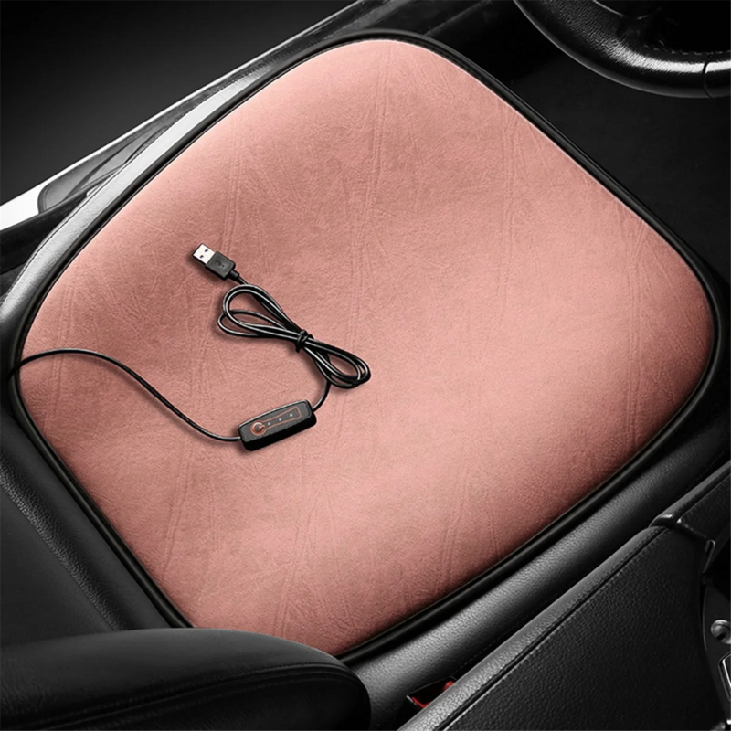 เบาะรอง sarung jok mobil ให้ความร้อน bantal Kursi รถยนต์ไฟฟ้าให้ความอบอุ่นในฤดูหนาวมีช่องเสียบ USB สีชมพู