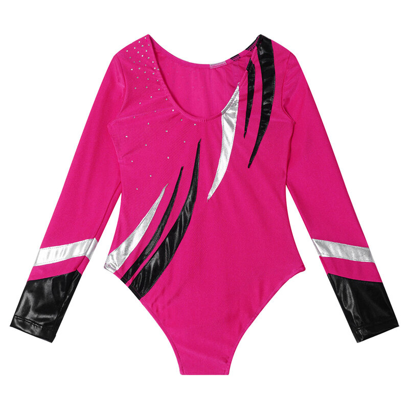 Pakaian Ketat Tari Balet Senam Anak Perempuan Bodysuit Tambal Sulam Dekorasi Berlian Buatan Mengilap Lengan Panjang untuk Latihan Olahraga