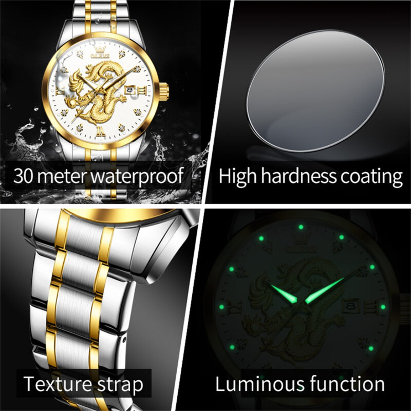 OLEVS 3619 modny zegarek kwarcowy prezent okrągły zegar ze stali nierdzewnej