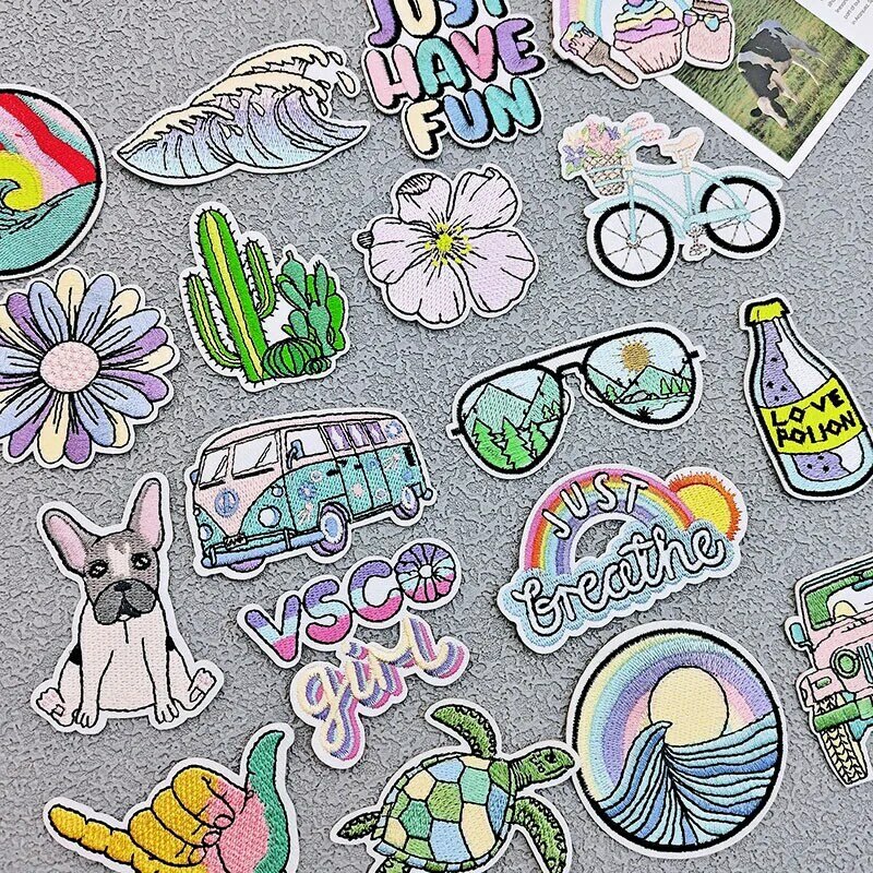 Hot Embroidery Patch Summer Sea Wave Turtle Cloth Sticker DIY Iron on Patches Sunrise Cactus Badge Jacket Backpack Accessories