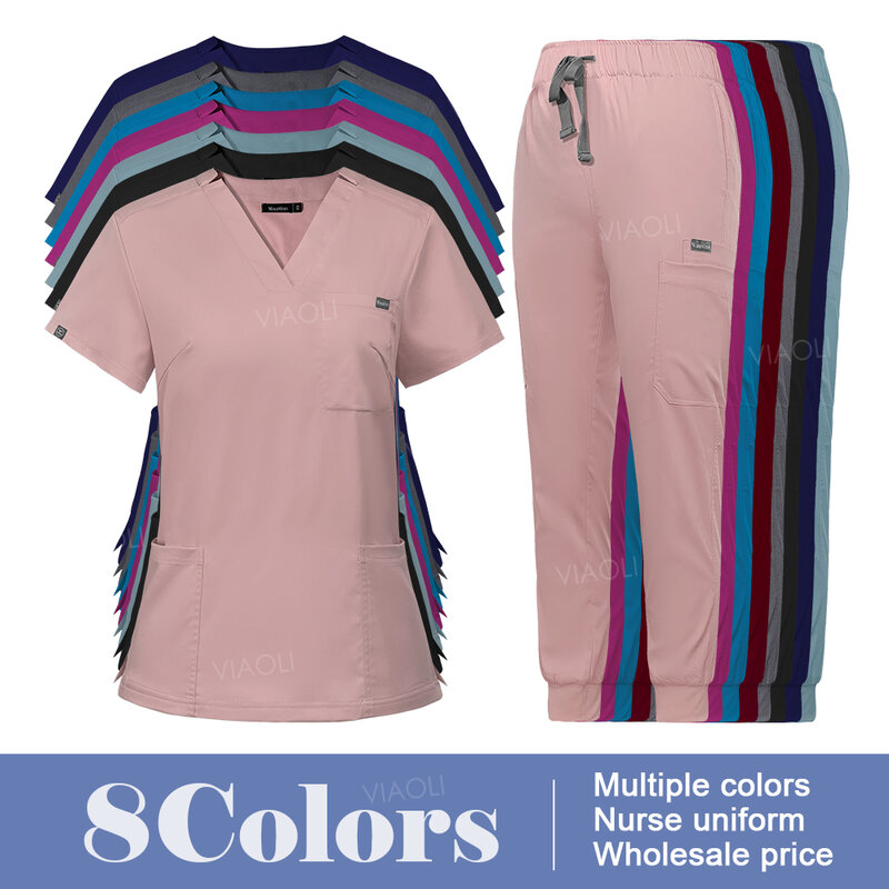 Nursing Uniform Women Scrub Set Multicolor Scrubs Uniform Short Sleeve Tops+Pants Pet Shop Doctor Scrub Medical Surgery Workwear