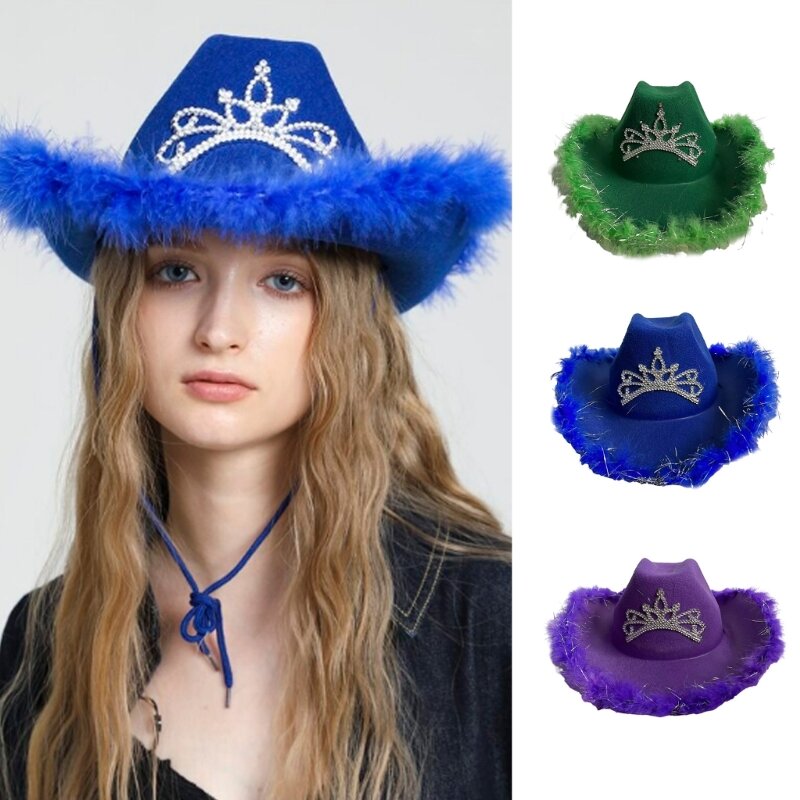 สตรีหมวกปีกกว้างวินเทจหมวก Cowgirl Furry Trims หมวก Fedora Party Props