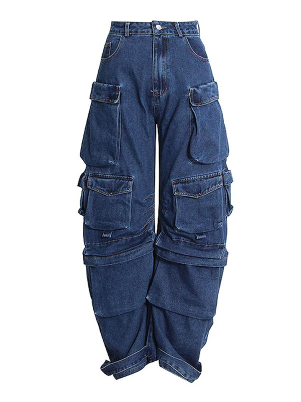 Multi pocket jeans solid color loose high street retro hiphop wide legpants trend fashion casual straight high waist jeans women
