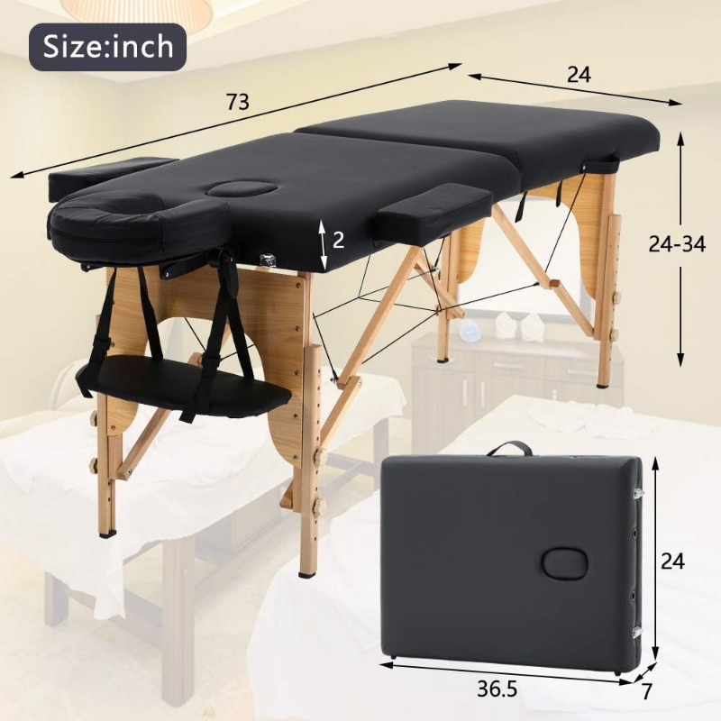 Dkeli 휴대용 접이식 마사지 테이블 스파 침대, 84 인치 높이 조절 가능, 2 접이식 마사지 침대, 최대 450Lbs, 블랙