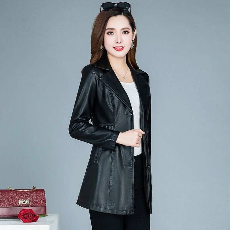 Formal Leather Jacket Women's Overcoat Spring Autumn New Chic Leather Coat Korean Mid-length Slim Casual PU Leather Windbreakers