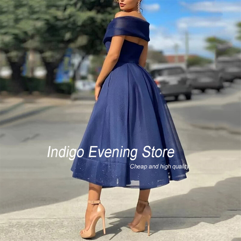 Indigo Prom Dress A-Line Off The Shoulder V-Neck Tea-Length Pleat Simple Pocket Open Back Evening Gowns For Women 2024فساتين الس