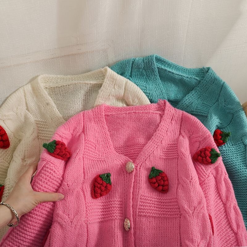 Süßer und lockerer und schlanker einreihiger Strick pullover für Damen koreanische Mode vielseitiger Langarm-Cardigan-Pullover