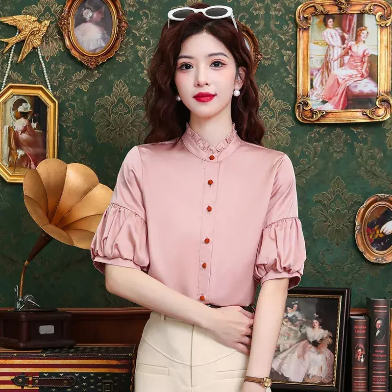 Ycmyunyan เสื้อเบลาส์สีพื้นวินเทจสำหรับผู้หญิงเสื้อแขนสั้นผ้าชีฟองสีชมพูฤดูร้อนเสื้อผู้หญิง