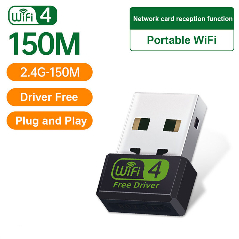 Adaptador de Cartão de Rede USB WiFi, 150Mbps, 2.4G, Ethernet para PC, Laptop, Desktop, Linux, Windows, Receptor WiFi, Dongle USB