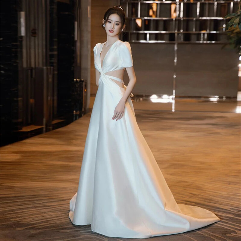 Elegante vestido de cetim para mulheres, decote em V, meia manga, vestido de noiva, botão longo, arco sem costas, vestidos de noiva, personalizado, 2024